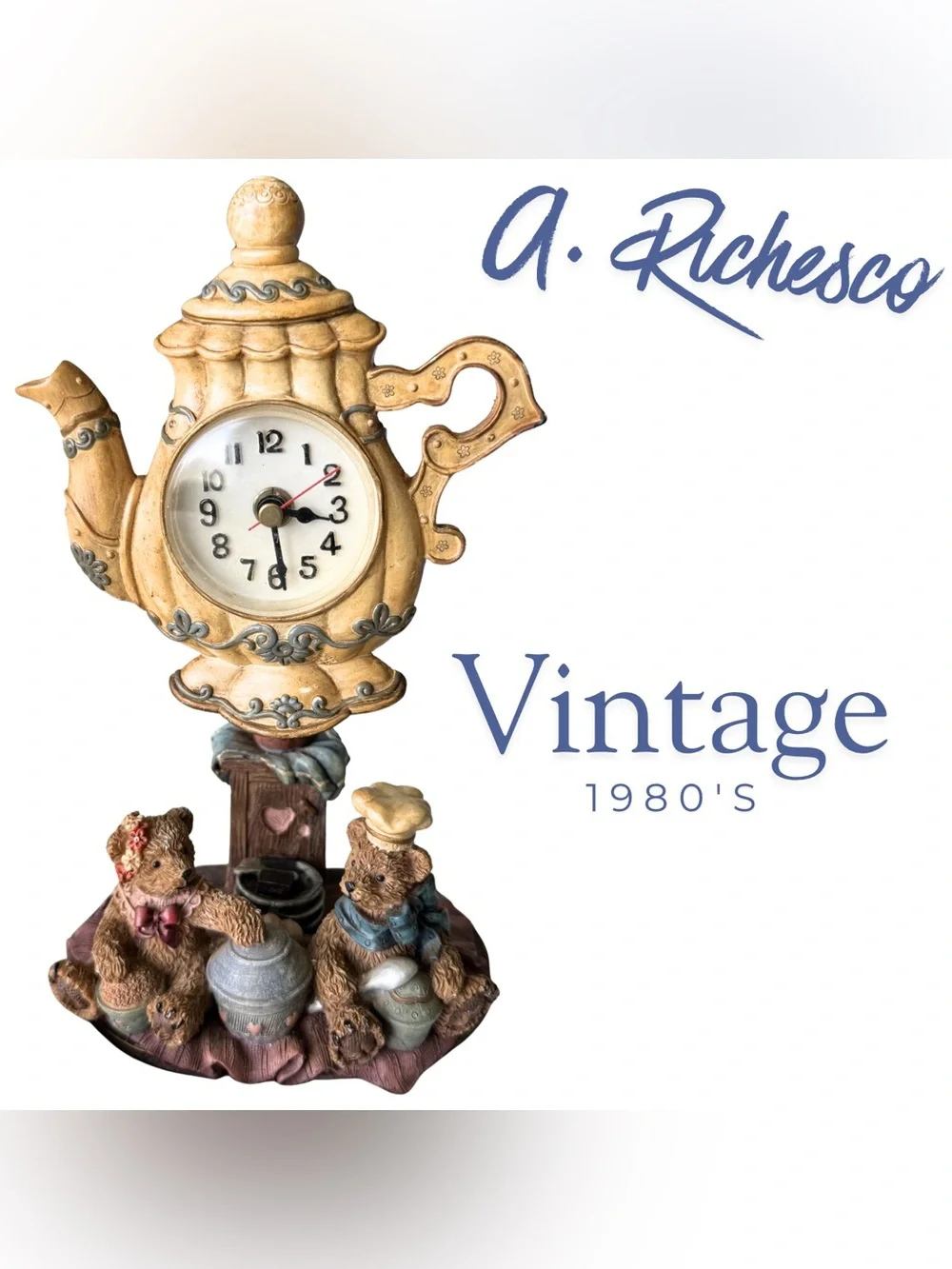 Vintage 1980s A. Richesco Teddy Bear Teapot Clock Bear Series Collectible Resin